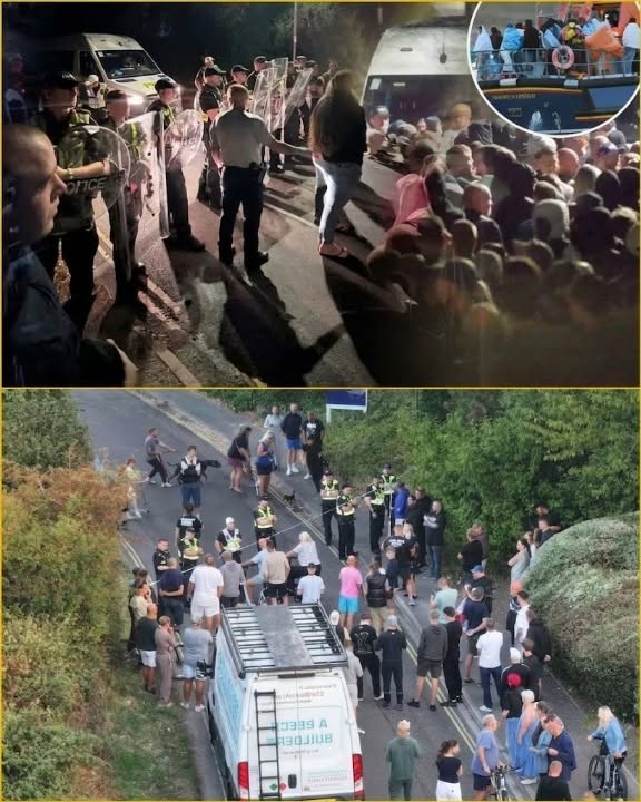Portsmouth was plunged into a tense overnight stand-off after around 500 protesters gathered to stop coaches leaving a marina where 140 migrants had been brought ashore.