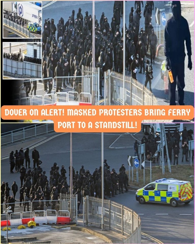 Hundreds of MASKED protesters blockade Dover in anti-migrant demonstration as port roads grind to a halt