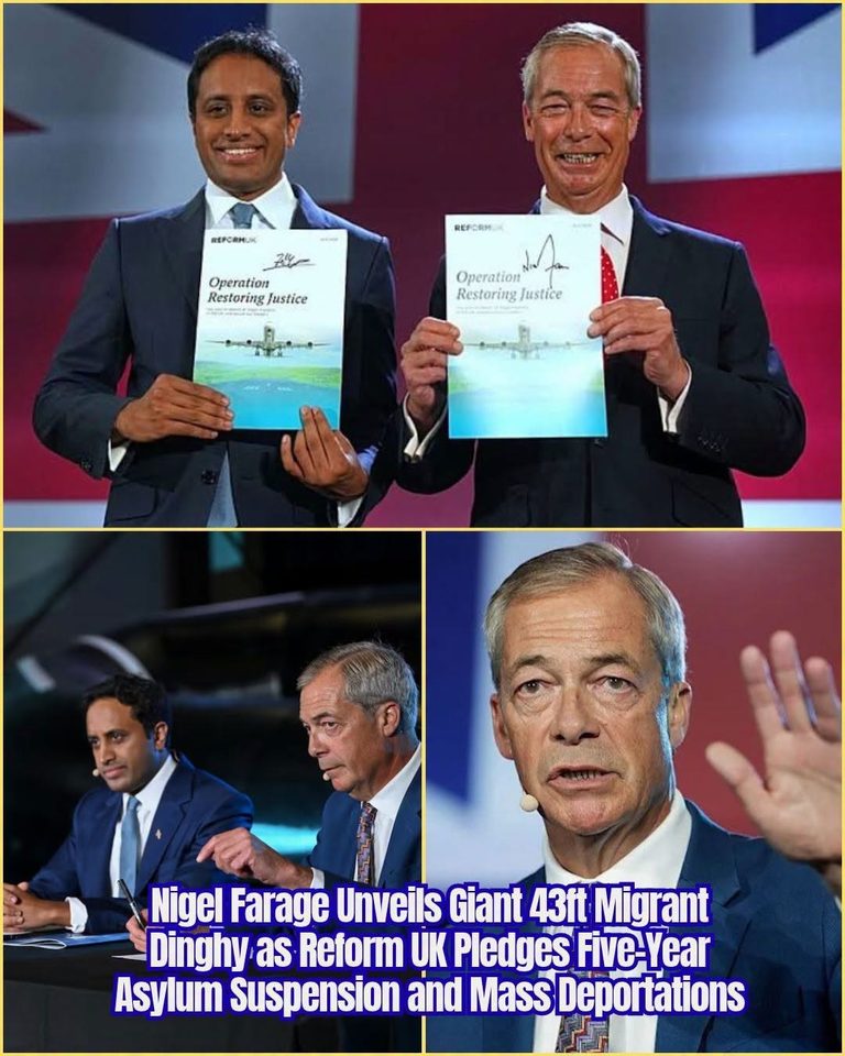 Nigel Farage Unveils Giant 43ft Migrant Dinghy as Reform UK Pledges Five-Year Asylum Suspension and Mass Deportations.